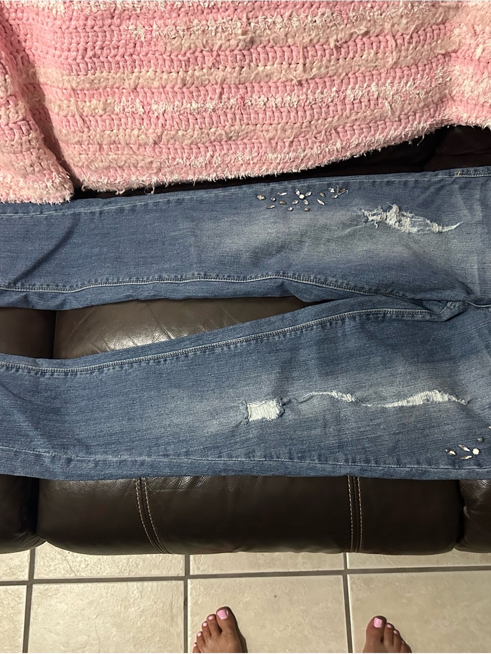 Democracy Light Blue Distressed Skinny Jeans with Rhinestone Detail